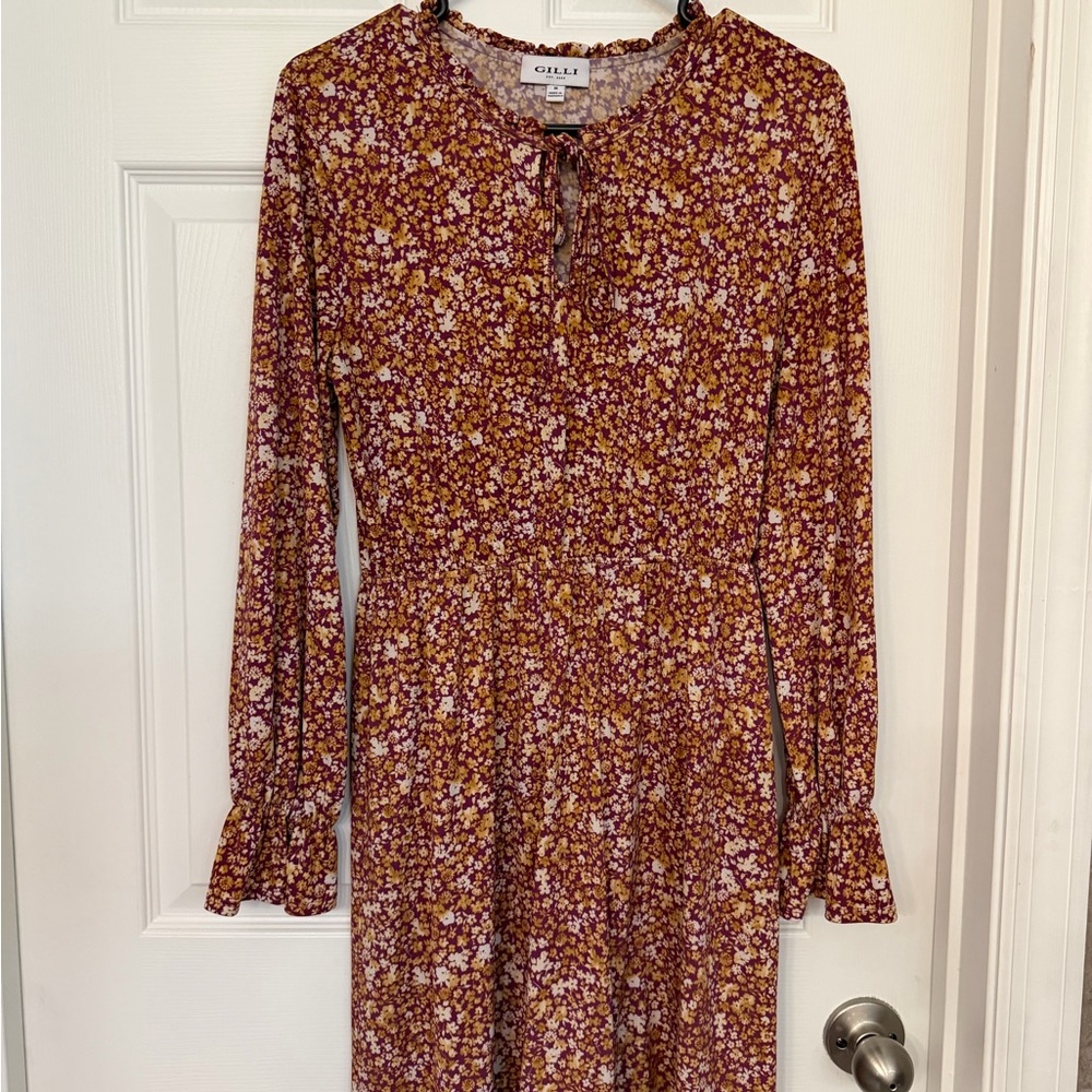 Gilli Rust Floral Long Sleeve Midi Dress with Tie Neck